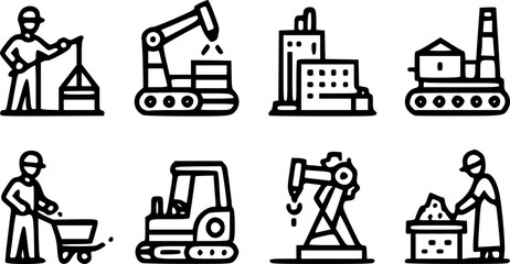 Industrial flat icon set in black and white style | factory, tools, machinery, engineering symbols.