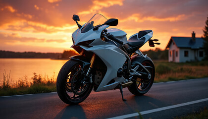 Fototapeta premium Sport motorcycle parked on road, lake house in background at sunset. Motorbike on asphalt street. Bike trip, travel, freedom concept. Modern powerful moto vehicle, house on coast.