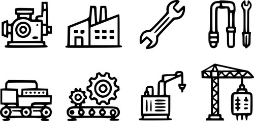 Fototapeta premium Industrial flat icon set in black and white style | factory, tools, machinery, engineering symbols.