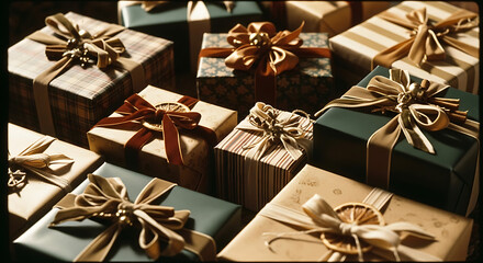 Arrangement of wrapped presents with ribbons and bows