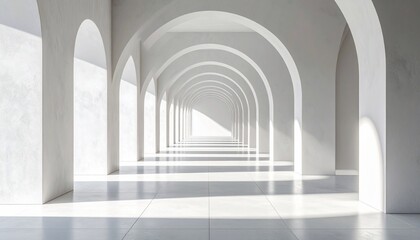Fototapeta premium Minimalist White Arches Corridor Modern Architecture with Light Shadow Play.