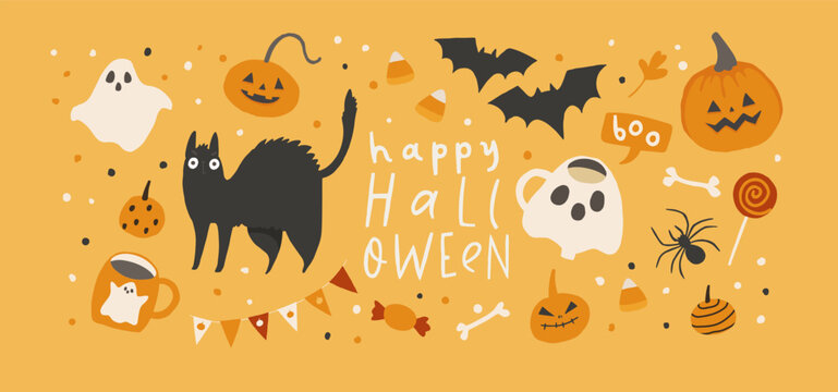 Happy Halloween card party invitation. Autumn holiday event poster template. Cute hand drawn illustrations in retro cute and creepy style. Vector fun poster design