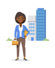 Young Black Businesswoman In Front Of Office Building.vector icon