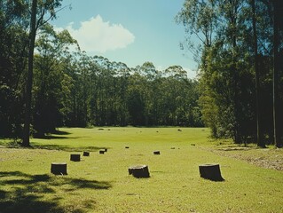 Wide shot of the grassy area in front of trees with tree stumps scattered around, a forest clearing on a bright day.