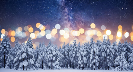 Snow covered trees under a starry night sky with bokeh lights