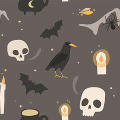 Happy Halloween pattern. Autumn October holiday background. Cute hand drawn seamless pattern in retro cute and creepy style. Vector fun wrapping paper, wallpaper, cover design