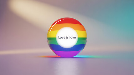 Naklejka premium A rainbow-colored sphere with the text 'Love is love' displayed on a soft gradient background.