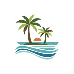 Obraz premium Tropical Island Sunset, Palm Trees, Ocean Waves, Summer Vacation