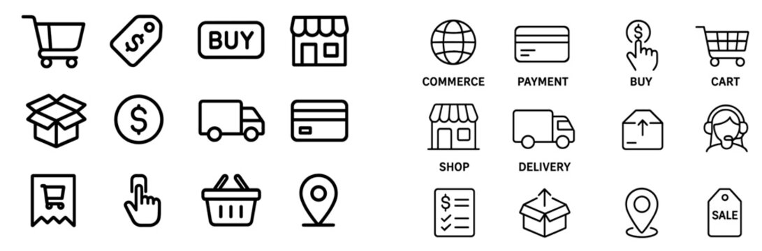 Various icons representing online shopping and e-commerce activities with clear design elements for easy understanding