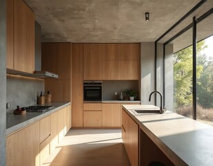 Modern minimalist kitchen interior design. Features wood cabinetry concrete countertops, large window, natural light. Neutral tones, clean lines for contemporary living. Home decor, architecture.