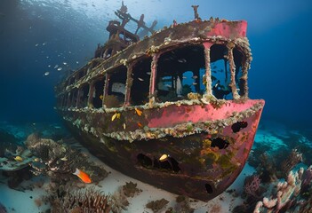 sunken shipwreck beneath the sea, overgrown with corals, providing shelter for vibrant marine life.
