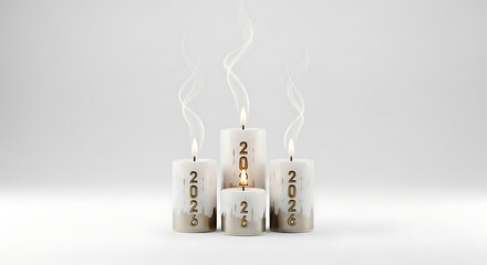 Four lit candles with '2026' text and smoke on a white background