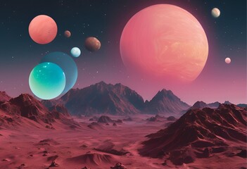 vibrant, imaginary planet floats peacefully in silent space, its colors glowing ethereally among distant stars.
