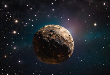 magnified asteroid drifts silently through the vastness of space, revealing its rugged surface and cosmic textures.
