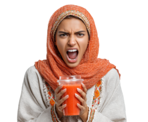 Angry woman holding juice portrait emotion isolated on transparent background
