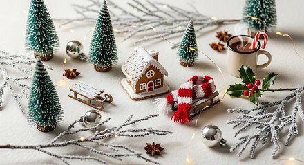 Festive winter scene with miniature trees, gingerbread house, and hot chocolate