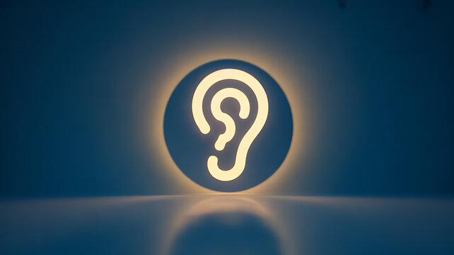 Illuminated ear symbol on a dark background with soft glow and reflection