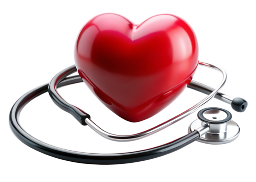 Red heart shape exercise ball with doctor physician's stethoscope on white background ,PNG. AI Generated