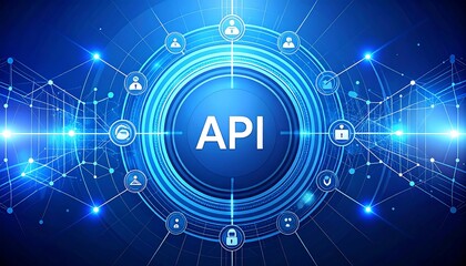 A bright blue digital illustration features an API concept with connected icons, data streams, and a central text