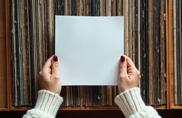 Woman hands holding white vinyl record album cover. Left hand supports blank paper, right hand rests on brown wooden table with CDs. Red bow on white sweater, arm extends to bottom right. Brown