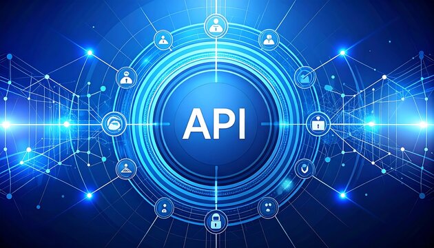 A bright blue digital illustration features an API concept with connected icons, data streams, and a central text