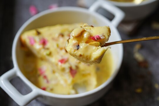 Instant bread Rasmalai garnished with nuts and rose petals - Diwali Holi desserts