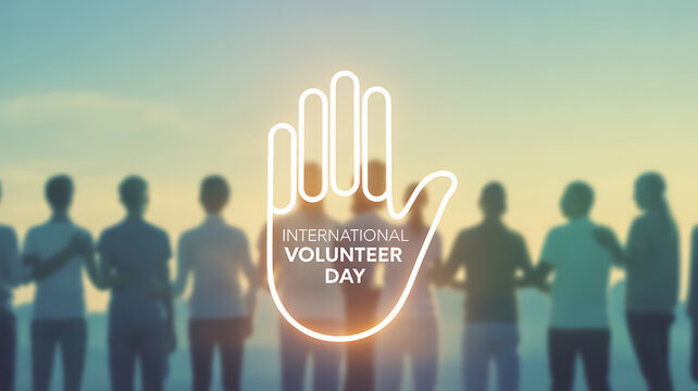 International Volunteer Day celebration with silhouetted group of people holding hands against a sunset sky, featuring a glowing hand symbol and text overlay.
