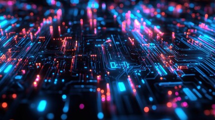 Fototapeta premium Abstract circuit board with glowing neon lines and points. Intricate network of connected pathways