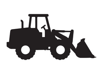 Naklejka premium loader logo silhouette vector, tractor loader silhouette vector illustration, construction excavator silhouette vector, heavy construction machine loader logo silhouettes vector on white background