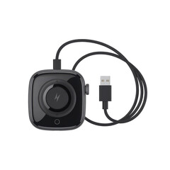 Modern black square wireless charging pad with usb cable connected for devices isolated on transparent background