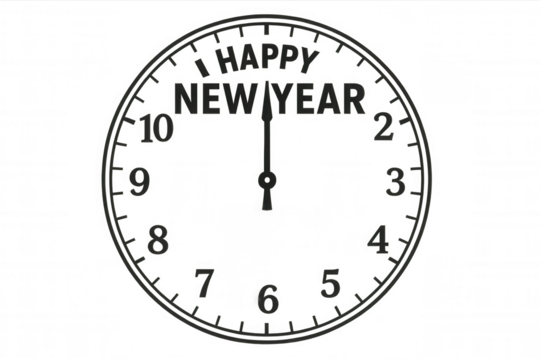 Clock hands pointing to twelve, celebrating the arrival of a new year, festive countdown illustration for holidays