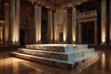 Large Product Ad Podium Massive marble empty podium in a grand hall towering columns golden hour lighting empty display space regal ambiance