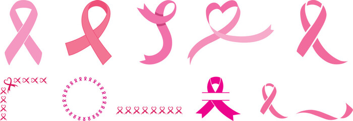 Big set of pink ribbons isolated over white background. Symbol of breast cancer awareness month in october. Vector illustration. High quality.breast cancer awareness.Pink ribbon vector.