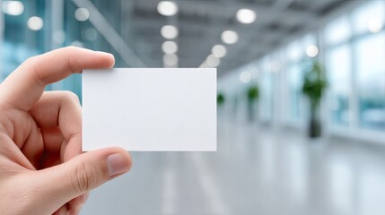 Hand Holding Blank White Card in Blurred Office Interior Mockup