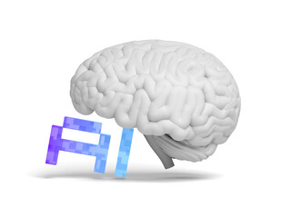 AI text and brain isolated on white background. Artificial intelligence. Blue and violet color. Pixel. Glassmorphism. 3d illustration.