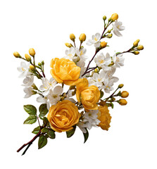 Vibrant yellow roses and white blooms floral arrangement isolated on transparent background