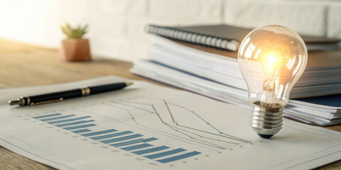 Bright idea for business growth with glowing light bulb on financial chart and pen on wooden desk