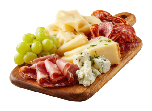 Create a gourmet cheese and charcuterie board for home entertaining isolated on transparent background