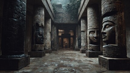 Ancient temple hallway adorned with sculpted stone columns and weathered walls