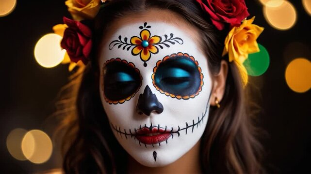 A woman wearing colorful sugar skull makeup and flowers in her hair, perfect for Dia de los Muertos or Halloween celebrations