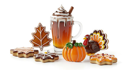 Festive fall treats: hot chocolate, pumpkin, turkey, and leaf cookies