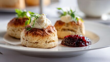 british scone close up, golden baked scone, served with clotted cream and jam, elegant plate, fine dining presentation 