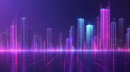 Fototapeta premium Futuristic city skyline with vibrant neon outlines. Abstract, digital, and glowing skyscrapers against a gradient backdrop