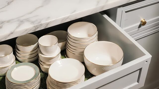 Elegant tableware arrangement featuring stacked bowls and plates in a kitchen drawer