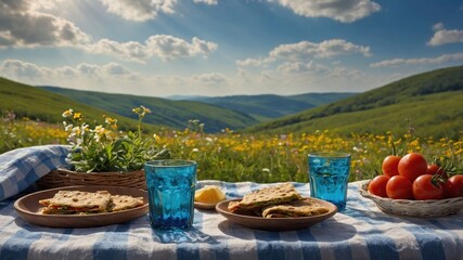 Fototapeta premium A serene picnic scene in a lush green meadow featuring sandwiches, drinks, and fresh tomatoes