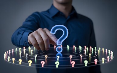 Person touching glowing question mark above circular array of smaller question marks neon blue