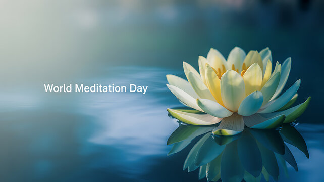 A white lotus flower floating on calm water with the text 'World Meditation Day' displayed.