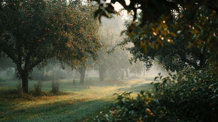 Serene orchard landscape bathed in morning light with mist creating a mystical atmosphere and lush greenery enhancing the tranquil scene of nature.