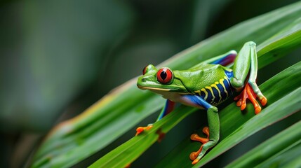 Naklejka premium Nature’s Small Wildlife: Colorful Frogs/Toads, Leaf-Grass Backdrops & Macro Eye Closeups