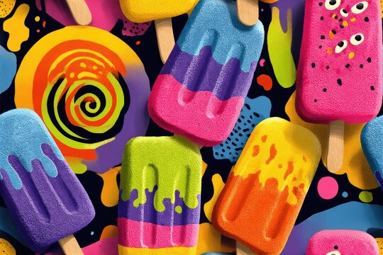 Fabric texture seamless pattern background Abstract Candy Swirls Bold sugary neon spirals and melting popsicle shapes on stretchy jersey for playful tween activewear